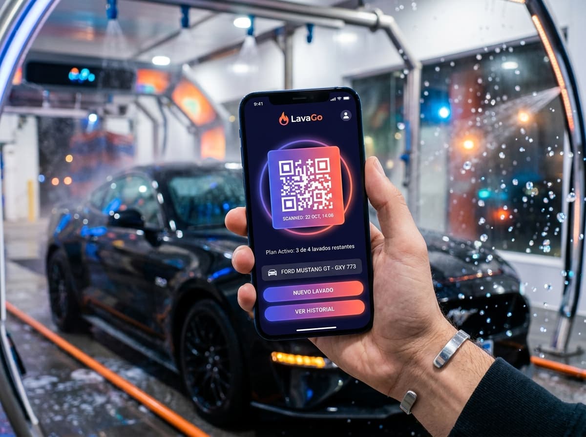 App Móvil LavaGo con Pase QR en local de autolavado